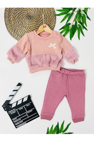 Kelebek Fiyonk Detaylı Belde Ve Kolda Peluş Detaylı Kışlık 2 Parça Takım Pembe