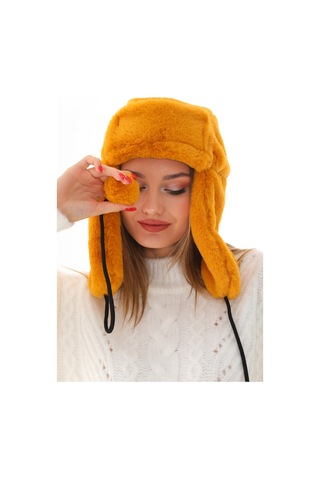 Kadın Hardal Kürklü Kulaklıklı Peluş Şapka Hardal