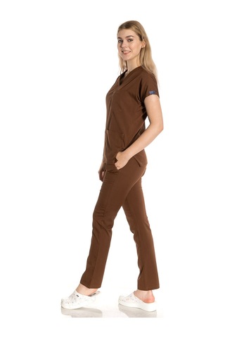 Unisex Likralı Kahve Renkli Scrubs