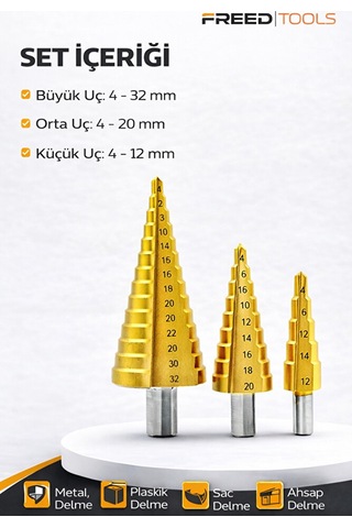 3 Parça Titanyum Kaplama Kademeli Matkap Ucu Metal Sac Delme