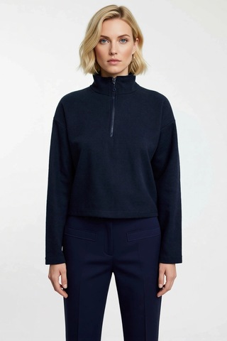 Benerly Kadın Fermuarlı Yaka Düşük Kol Selanik Örme Sweatshirt Fonksiyone Lacivert