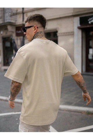 T-shirt - Faıth Over Fear Baskılı Oversize Bisiklet Yaka Kısa Kol Tişört Bej
