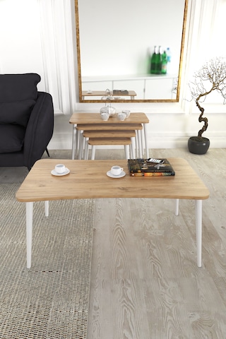 Milas 5li Orta Sehpa Ve Zigon Sehpa Çam Ahşap Ayaklı Sehpa