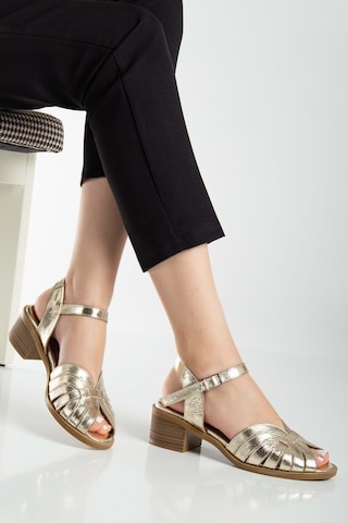 Analin Shoes Kadın Hakiki Deri Bilekten Bağlı Sandalet - Kahve Altın