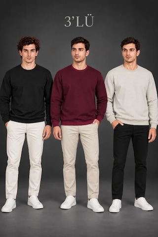 Modi Erkek 3lü Bisiklet Yaka İçi Şardonlu 2 İplik Düz Uzun Kollu Regular Fit Sweatshirt - Siyah - Bordo - Çok Renkli Xl
