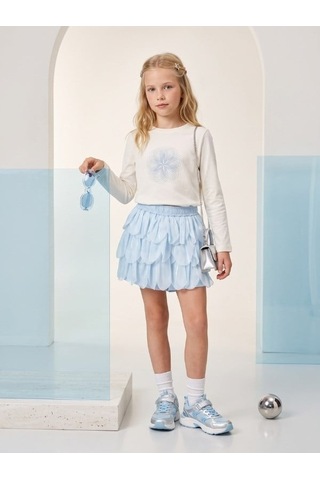 Zekids Kız Çocuk Mavi Çiçek Yaprak Detaylı Tasarım Şort Etek-17452