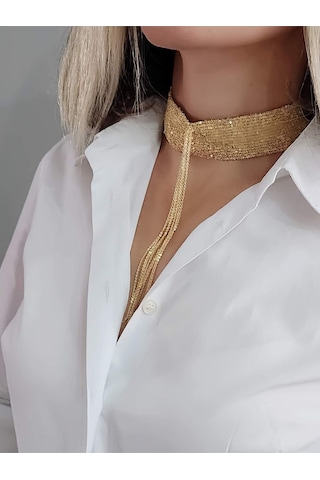 Eva Takı Store 15 Sıralı Zincir Dokuma Sallantılı Vücut Tasma Choker Gold El Yapımı Kolye Gold