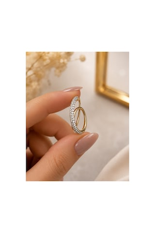 Taşlı Çift Halkalı Küpe Gold Renk Şık Tasarım Küpe Diğer
