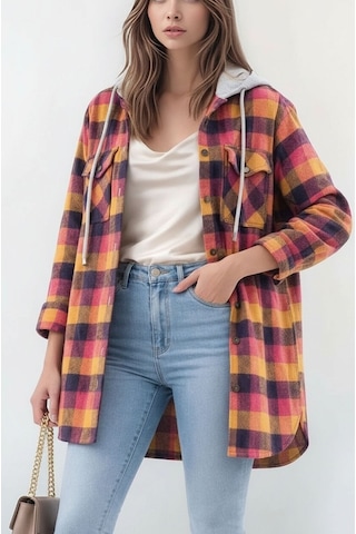 Mamayaga Kadın Desen Bloklu Oduncu Oversize Geniş Kalıp Casual Cepli Kapüşonlu Uzun Boy Ceket Gömlek Çok Renkli
