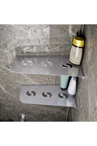 Paslanmaz Çelik 2 Katlı Köşe Banyo Rafı Sedir Model 30,3x15,3 Cm - Yapıştırmalı & Vidalı Montaj Çok Renkli