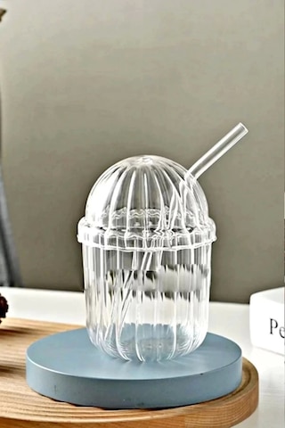 2'li Kübbe Kapaklı Pipetli Bardak 430ml Isıya Dayanıklı Eggglass İskandinav Kahve Sunum Bardağı