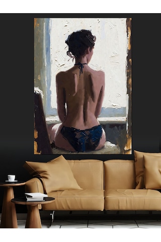 Ahşap Tablo Sırtı Dönük İç Çamaşırlı Seksi Kadın Yağlı Boya Çalışması