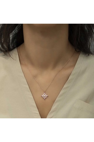 925 Ayar Gümüş Pembe Taşlı Umut Çiçeği Gümüş Kolye Gri