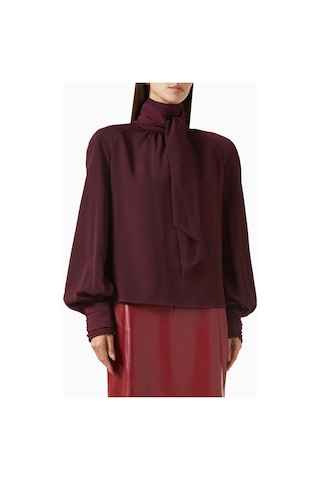 Rowen Rose Oversized Bow - Neck Blouse, Lüks Georgette Yüksek Yakalı Şık Balon Kollu Bluz Bordo