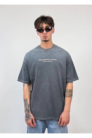 Zaee Studio Line Oversize Yıkamalı Tişört Füme