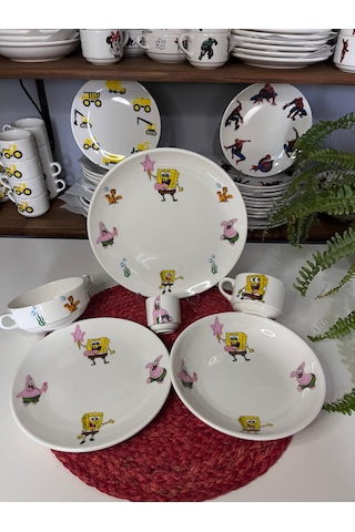 7 Parça Sünger Bob Model Çocuk Bebek Yemek Takımı Beslenme Seti Çok Renkli