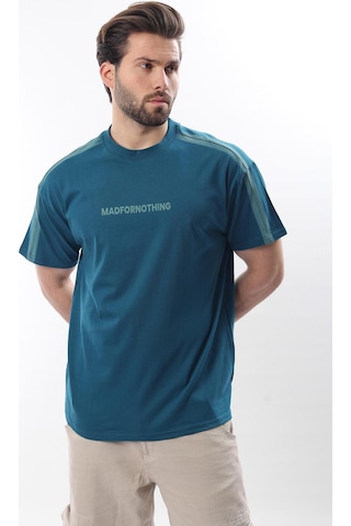 Madmext Petrol Mavisi Bisiklet Yaka Baskılı Erkek T-shirt E7110 Petrol Mavisi
