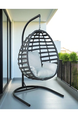 Armut Salıncak Tek Kişilik Rattan Örgü Bahçe Balkon Ev Salıncağı Gri