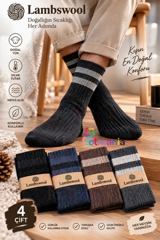 Footmania 4 Çift Erkek Orjinal Jakarlı Yün Erkek Soket Lambswool Çorap Çok Renkli