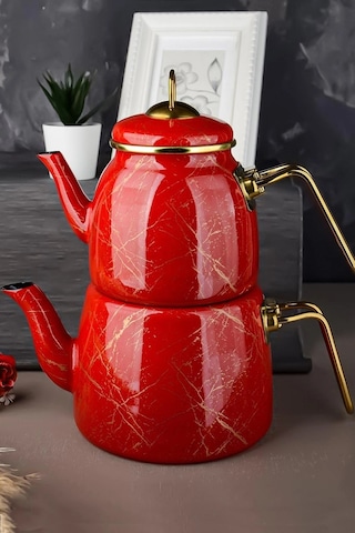 Elite Class Kırık Mermer Desenli Lüks Çaydanlık Kırmızı Çok Renkli