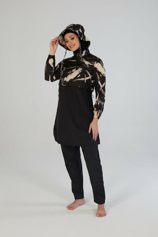 Estiva 26973 Siyah Brushstroke Tam Kapalı Croplu Şapkalı Pantolonlu Tesettür Mayo