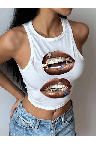Afri Kadınbeyaz Baskılı Crop Atlet Diş Grillz Desenli, Sokak Modası Tarzı Beyaz