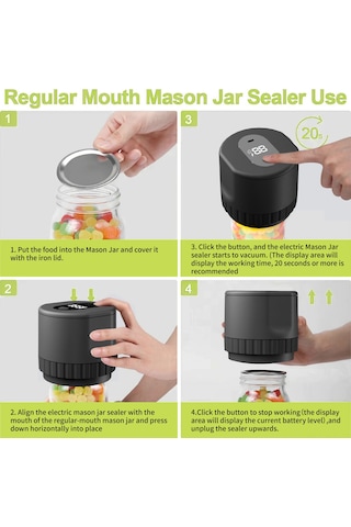 Gajeena Taşınabilir Elektrikli Vakumlama Makinesi - 5 Büyük Ve 5 Küçük Kapaklı Mason Kavanoz Ağzı Kapatma Seti Piller Dahil Siyah