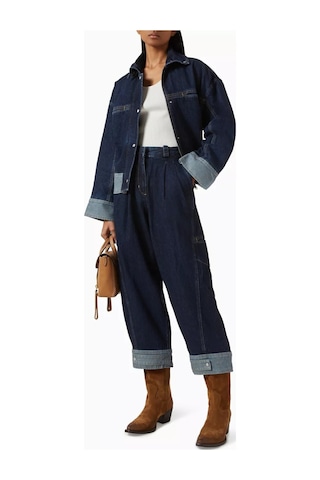 3.1 Phillip Lim Kemerli Boxy Denim Ceket, Peplum Detaylı, Oversize Kesim Lacivert