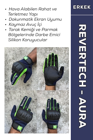Revertech Aura Lacivert / Neon - Dokunmatik Ekran Uyumlu Erkek Motosiklet Eldiveni + Buff li