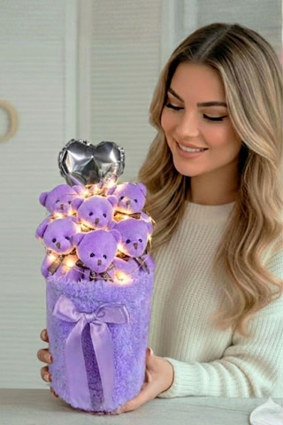 Kadınlar Gününe Özel: Deluxe Led Işıklı Mor Peluş Silindir Kutuda, Kalpli Balonlu 6 Lı Mor Ayıcık Buketi - Sevdiğine Hediye