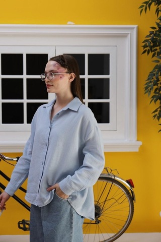 Müslin Uzun Kol Gömlek - Bebe Mavisi Karışık