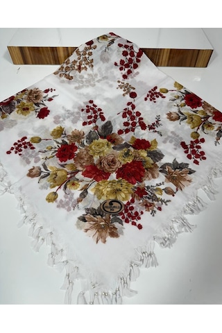 Sökme Boncuklu Pamuk Yazma - 05651 Beyaz,kırmızı