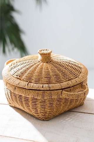 Rattan Hasır Kapaklı Çok Amaçlı Depolama Mutfak Banyo Sepeti 23 Cm Kahverengi Diğer