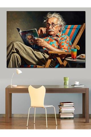 Kitap Okuyan Gözlüklü Yaşlı Einstein Dekoratif Kanvas - Mdf Ahşap Tablo