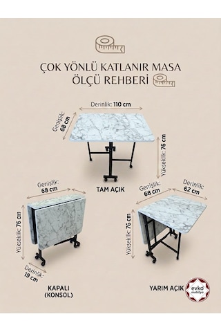Evko Mobilya Katlanır Masa, Mutfak Masası, Tekerlekli Masa, Açılır Kapanır Masa, Yemek Masası, Portatif Masa Beyaz Mermer
