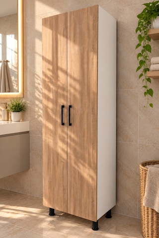 Derin Ayaklı 8 Raflı 2 Kapaklı Çok Amaçlı Mutfak Dolabı Ayaklı Banyo Dolabı Çok Amaçlı Dolap Meşe Beyaz - Meşe