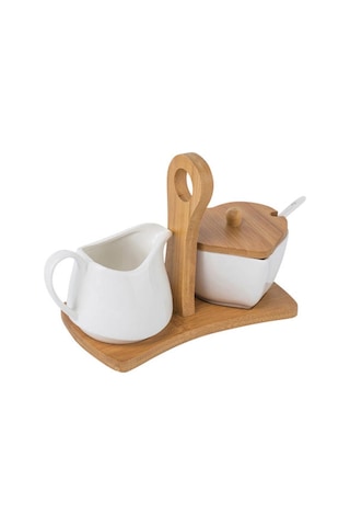 Seramik Şeker Kasesi Ve Krem Sürahisi Bambu Tepsisi Ve Kaşıkla Set Ev Otel Şeker Ve Krema Seti Şeker Ve Amp Krema Tencere 4 Izgara