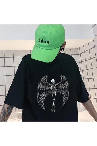Pisa Art Winged Skeleton Baskılı Siyah Unisex Oversize T-shirt Rsts2020 Siyah