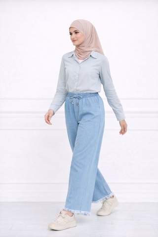 Hira Life Fashion Kadın Paçaları Püsküllü Ve Önü Bağcıklı Kot Kumaş Salaş Pantolon Mavi Mavi