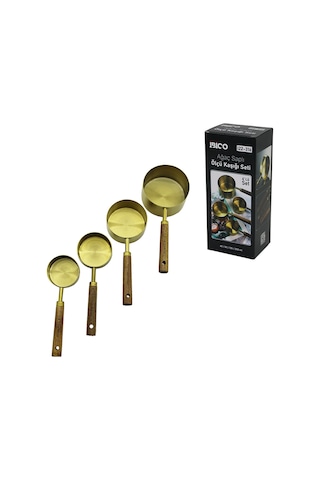 4'lü Ölçü Kaşık Seti 250/125/80/60 Ml - Gold Metal Ahşap Saplı Sarı