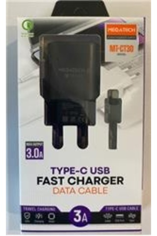 Megatech Mt-ct30 Siyah Qd 3.0a Usb Ev Şarj Kafa+ Type-c Şarj Kablosu