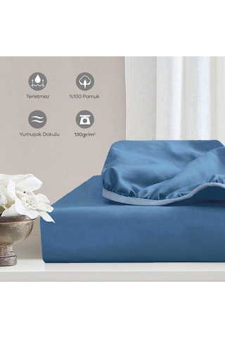 Soley Jersey %100 Pamuk Çift Kişilik 140 X 200 Lastikli Çarşaf İndigo Mavi
