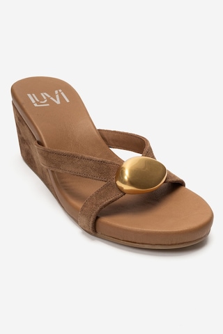 Luvi Shoes Caterına Toprak Süet Hakiki Deri Tokalı Kadın Dolgu Topuklu Terlik