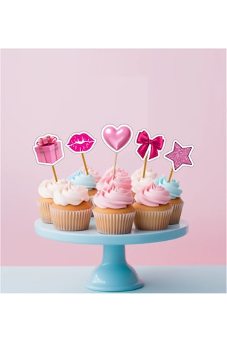 15 Adet Pembe Kalp Yıldız Pasta Kürdanı 5cm Cupcake Pasta Süsü