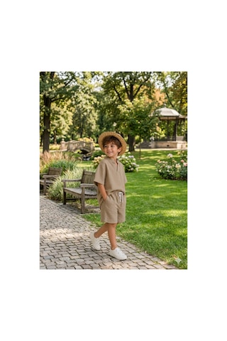 Eray Alp Kids Erkek Çocuk Bej Keten Tişört Şort Takımı Yazlık Günlük Model