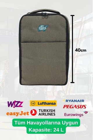 Jet Turtle Seyahat Sırt Çantası 40cm 40x25x15 Cm Pegasus, Wizz Air, Ryanair, El Valizi Koltuk Altı Valizi Açık Haki Kanvas