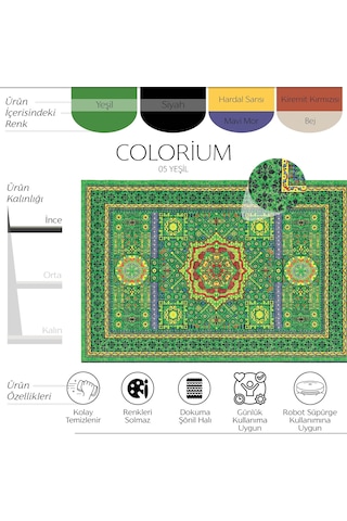 Cool Halı Colorium Yeşil Salon Oturma Odası Halısı Etnik Desenli Saçaksız Dört Mevsim Şönil Halı