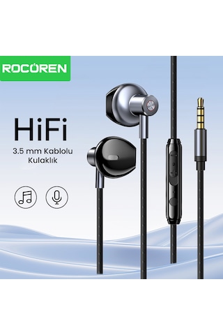 Rocoren 3.5mm Jack Girişli Mikrofonlu Kablolu Kulak İçi Kulaklık Universal