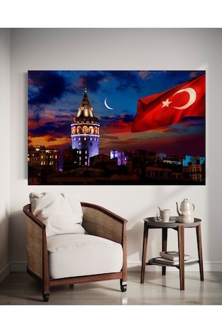 Yatay Galata Kulesi Ve Bayrak Ev Duvar Salon Güzellik Salonu Ofis Dükkan Dekarasyon Kanvas Tablo