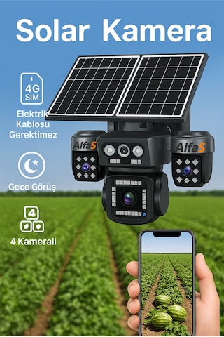 4g 4 Kameralı Sım Kartlı Elektriksiz Kablosuz Bahçe Depo Arazi İçin Çift Güneş Paneli Solar Kamera